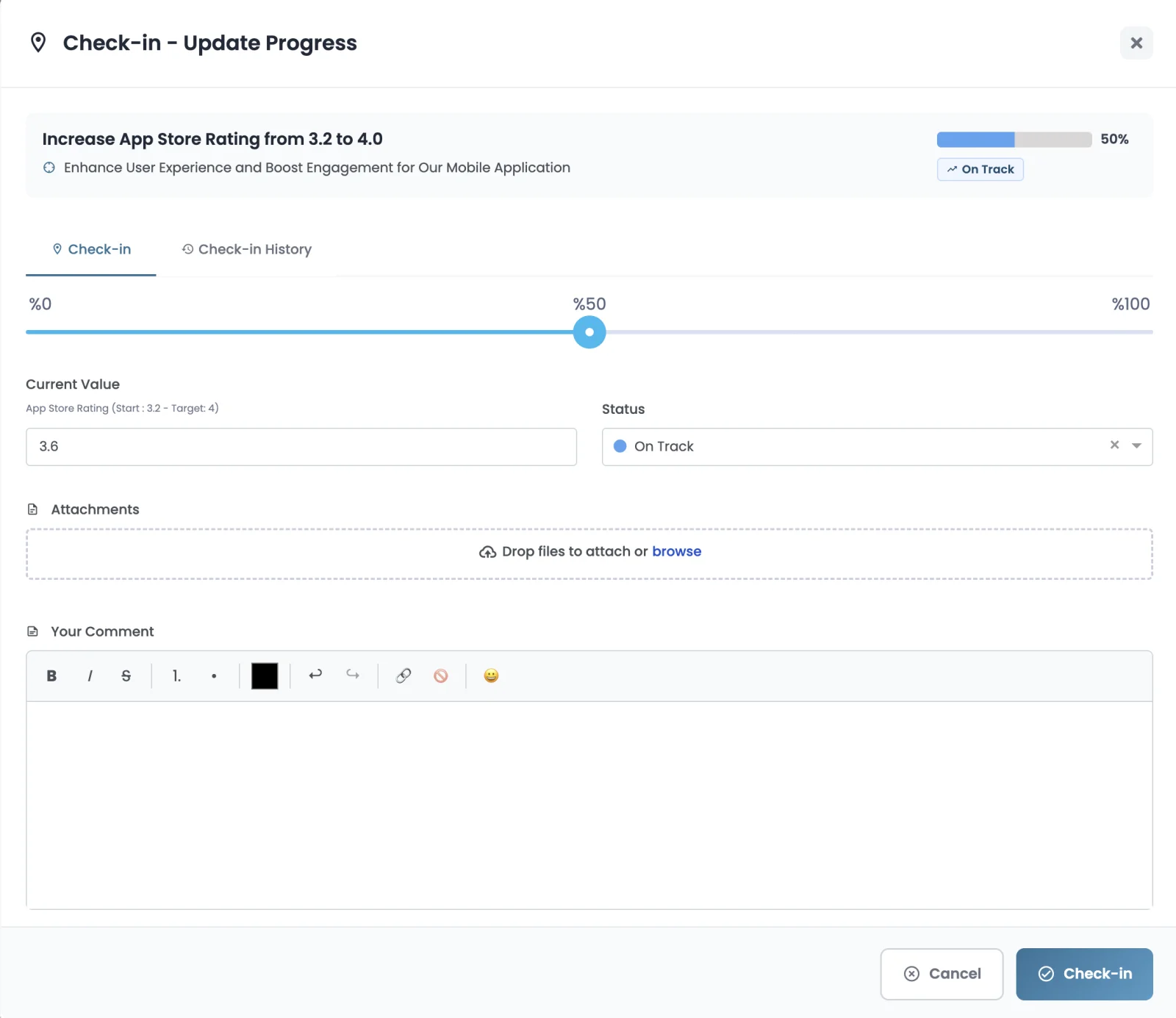 Devokr OKR check-in modal with progress slider and status