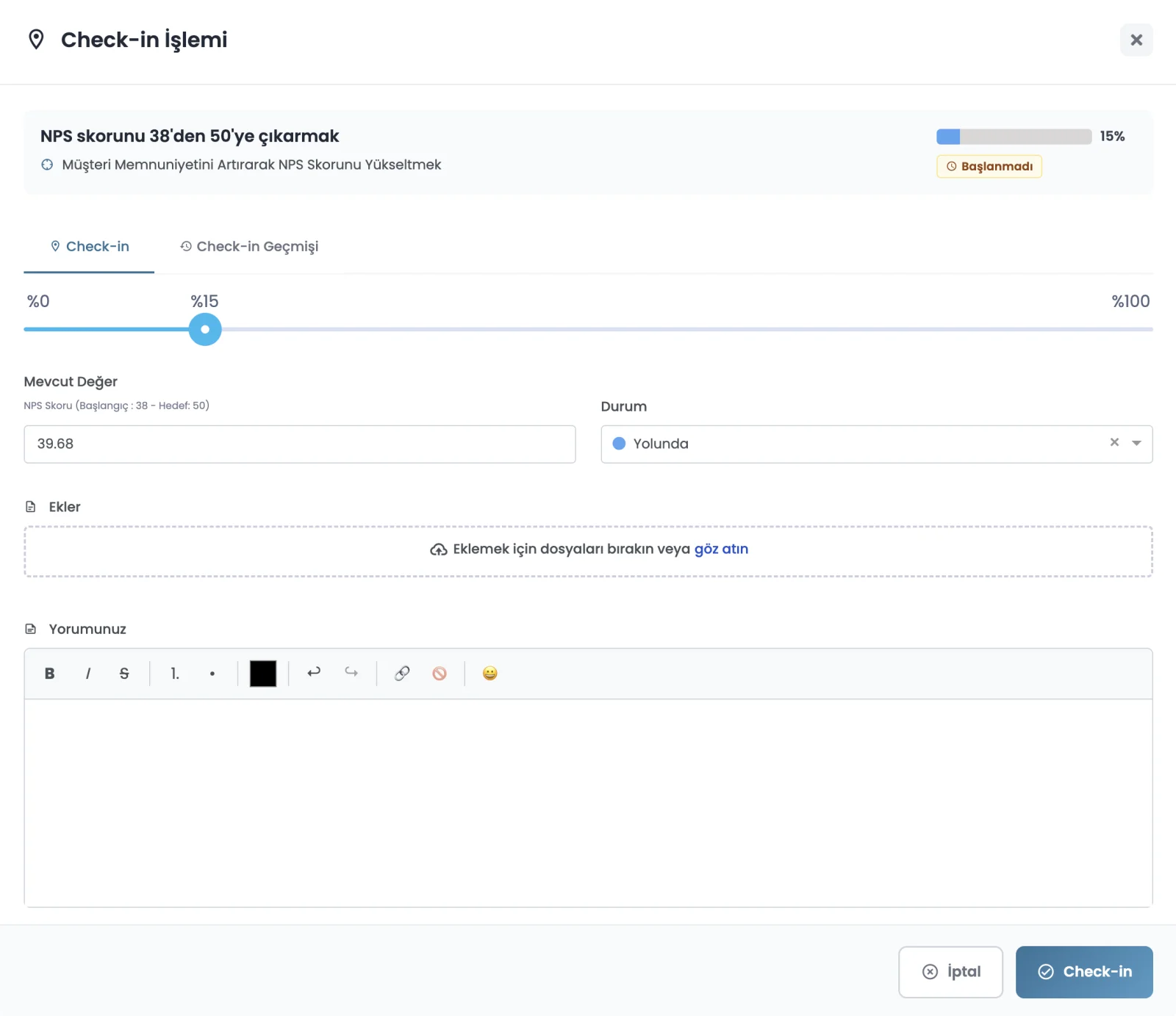 Devokr OKR check-in modalı, ilerleme slider'ı ve durum