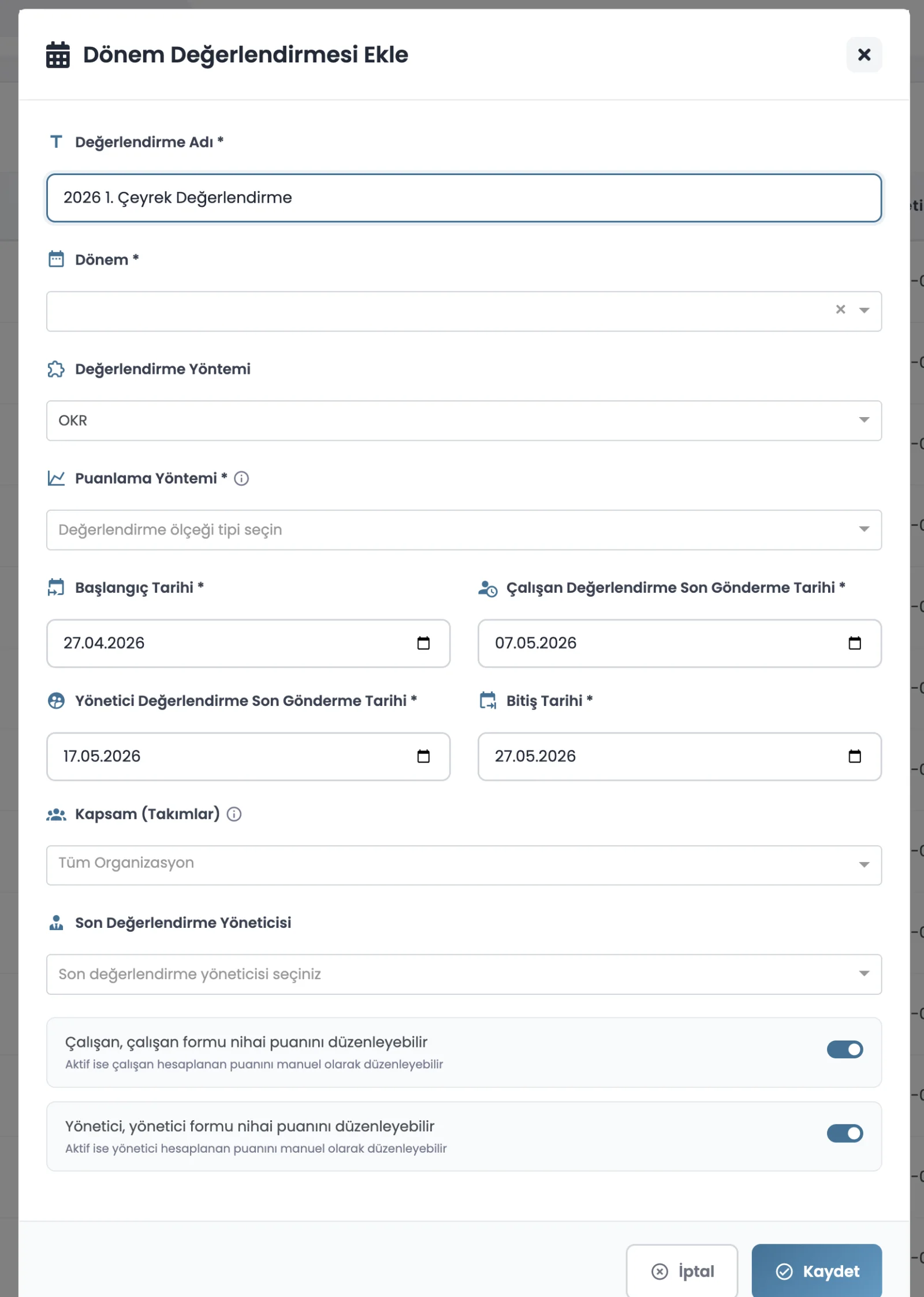 Devokr Dönem Değerlendirmesi yapılandırma formu